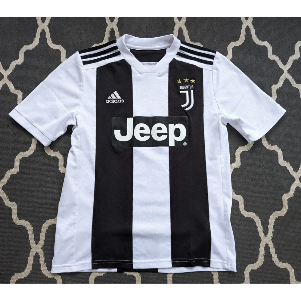 YOUTH XL Juventus Soccer Jersey Black White Stripe Jeep 2018-19 Home